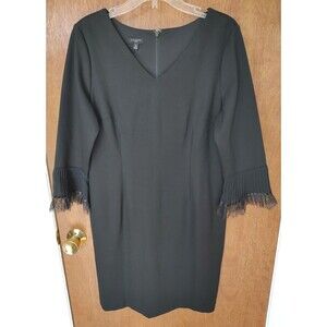 NWT Talbots Petite sz 12P black ponte shift dress lace detail 3/4 sleeves v-neck